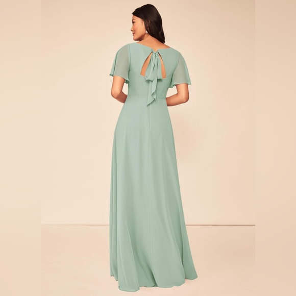 Azazie Kimber A-Line Ruched Chiffon Floor Length Maxi Dress in Agave - Picture 2 of 9